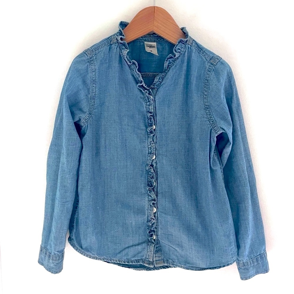 3/$30💥NEW Chambray Ruffle Trim Button-Down Shirt, Long Sleeves, Button Cuffs